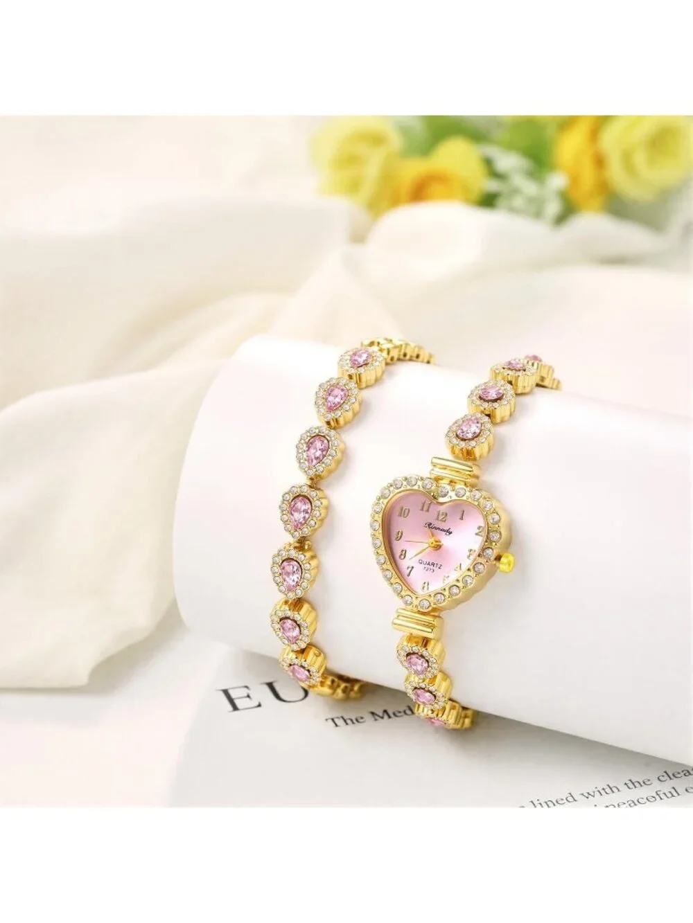 Women's Pink Heart Dial Bracelet Set Birthstone Crystal Quartz Display Watches